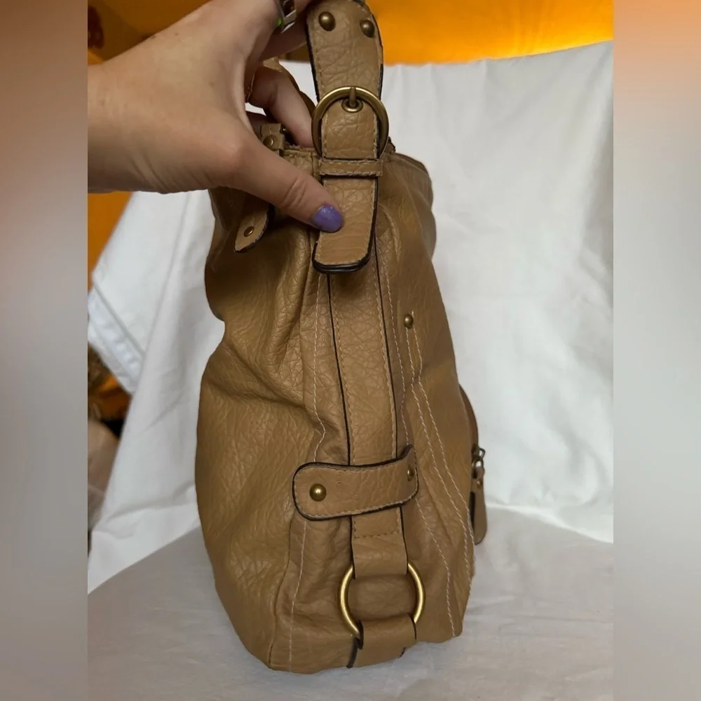 Strada Tan Beige Leather Braided Handle Boho Hobo Purse